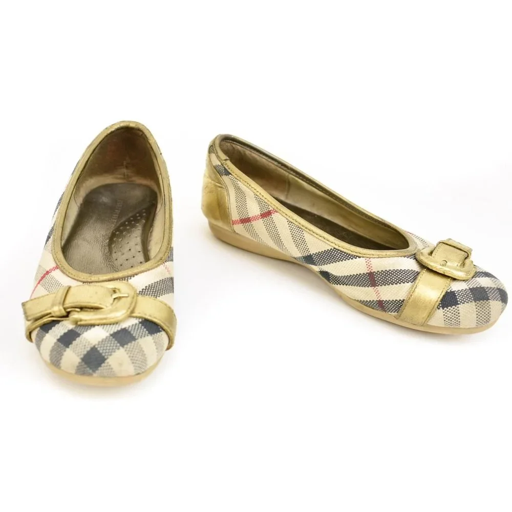 BURBERRY: Metallic Gold, Leather & "Nova Check" Ballet Flats